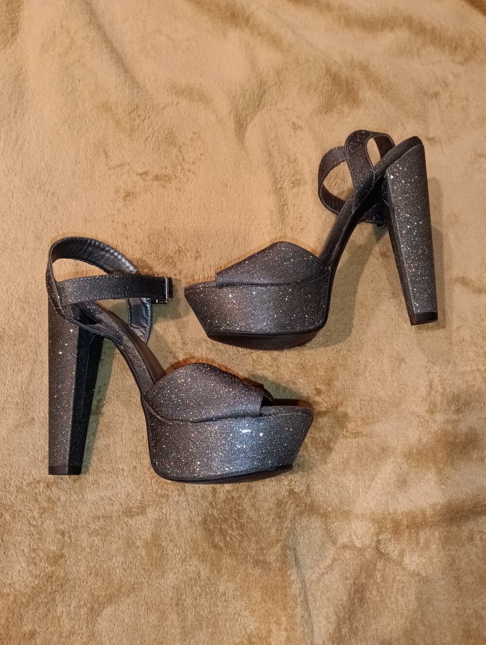Women's Glitter Platform High Heel Sandals - Dark Gray Silver